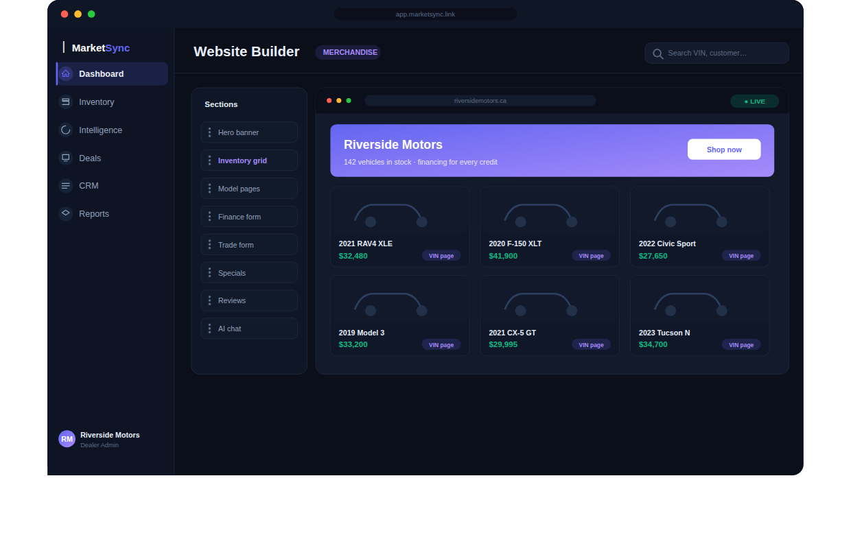 Preview of the MarketSync connected dealer website interface